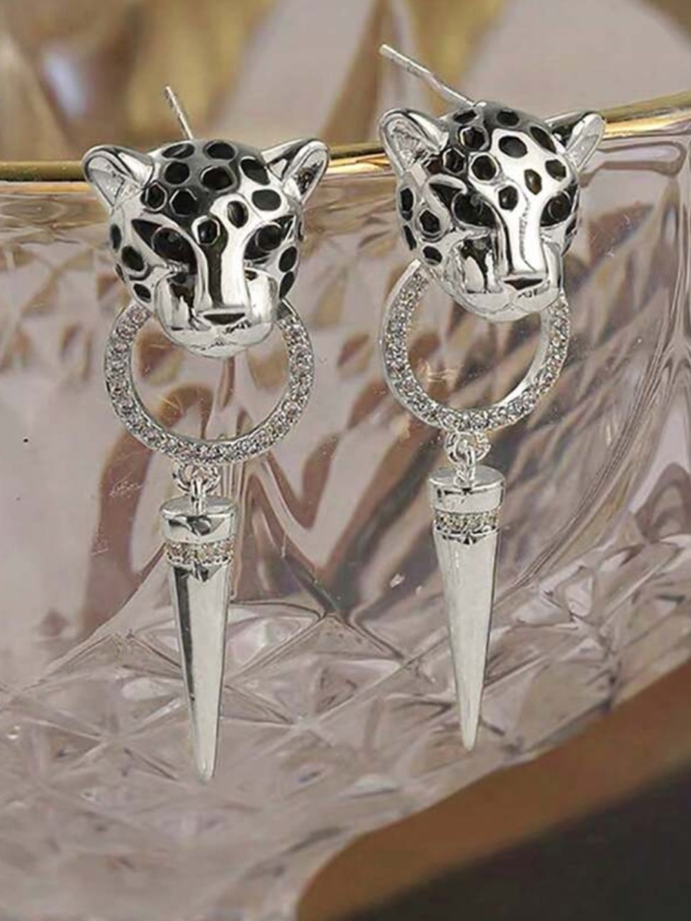 New! Silver & Black Tiger Cheetah Leopard Head Rhinestones Drop Circle Earrings